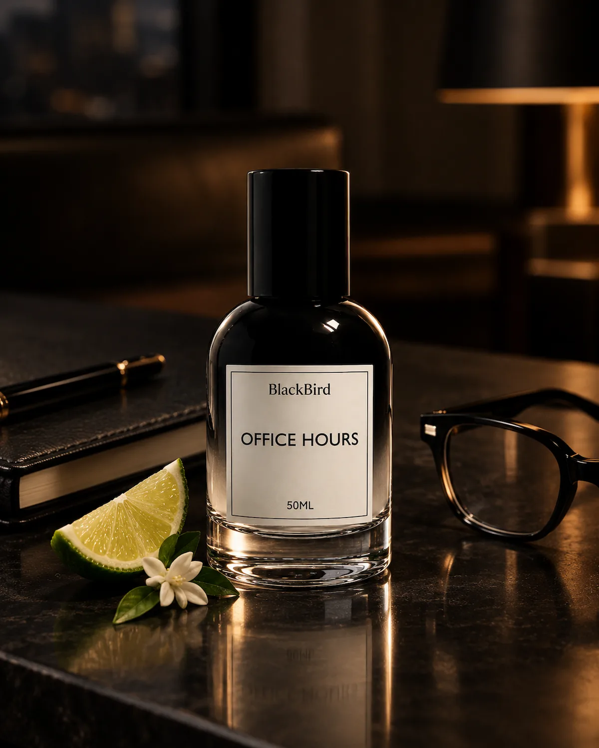BlackBird Office Hours perfume on a desk with a notebook and glasses
